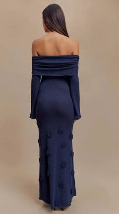 Off Shoulder Knit Rose Maxi Dress